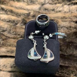 💚🩵 Full set (3) Abalone Set with Ring, 1/2 Hoops, plus Sailboat earrings #A106